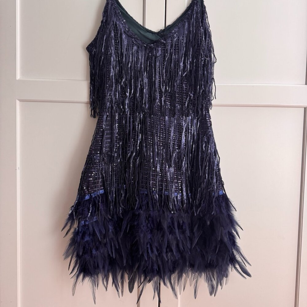 Bella Barnett Navy Sequin Feather Fringe Mini Dress — Size S | Party Dress - Picture 5 of 10